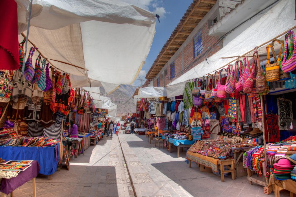 Pisac Town and Tourist Artisan market Sacred Valley Peru South America